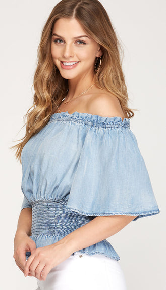 Gone Country Off Shoulder Chambray Smocked Top- Lt. Blue