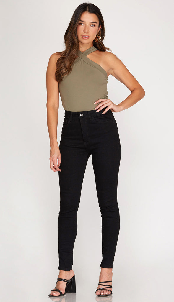 After Midnight Cross Front Bodysuit- Lt. Taupe