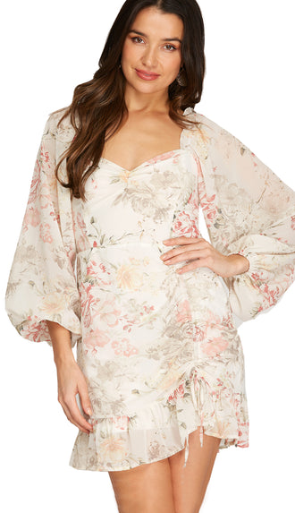 Pretty Forever Floral Ruched Side Dress- Cream