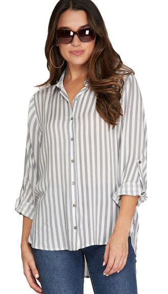 Pier Side Lunch Roll Up Striped Button Shirt- Navy