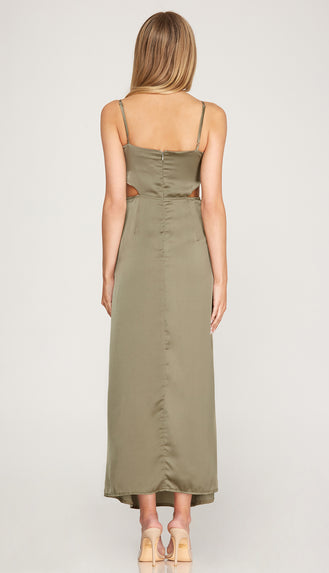 Showstopper Satin Side Opening Maxi Dress- Olive