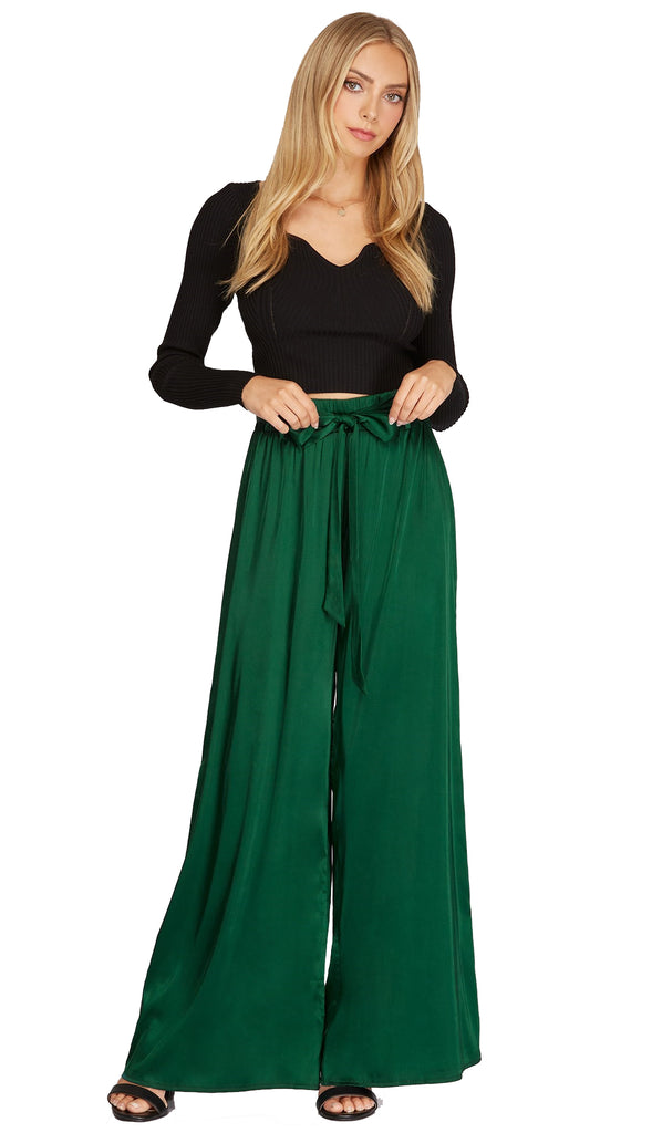 Women's Green High-Waisted Linen Wide-Leg Palazzo Pants with Belt for  Summer Elegance - ALLSEAMS