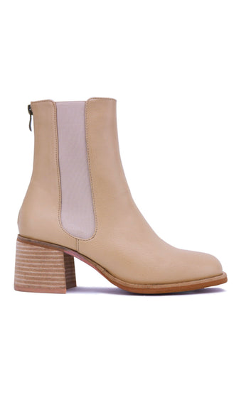 Stacked Ankle Heel Boot- Beige