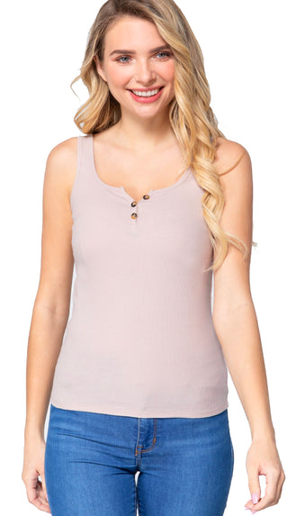 Henley Rib Knit Button Tank- Taupe