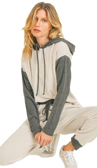 Lounging Today Color Block Hoodie- Oatmeal/Charcoal