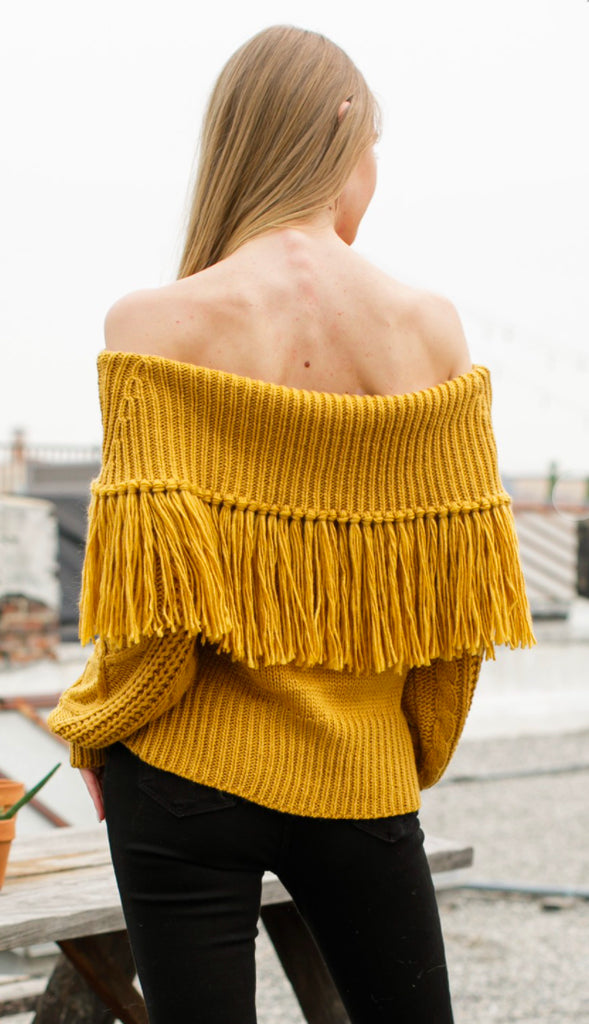 Music City Off Shoulder Fringe Sweater Mustard