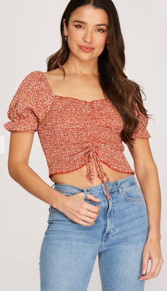 Girl Of Summer Puff Sleeve Smocked Crop Top- Red