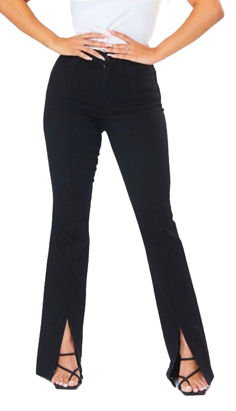 High Rise Front Slit Bootcut Pants- Black