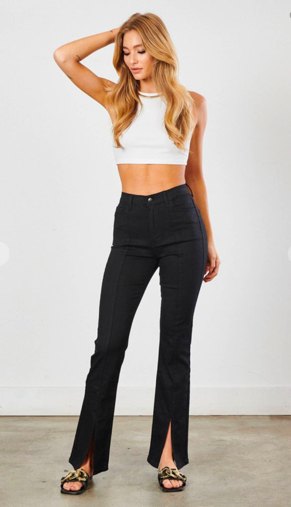 High Rise Front Slit Bootcut Pants- Black