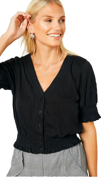 Touch Of It Button Down Smocked Top- Black