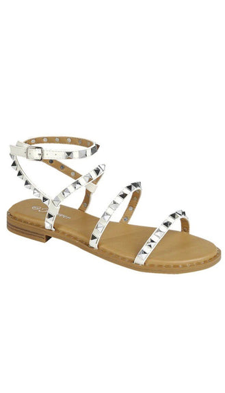 Studded Ankle Strap Sandals- White