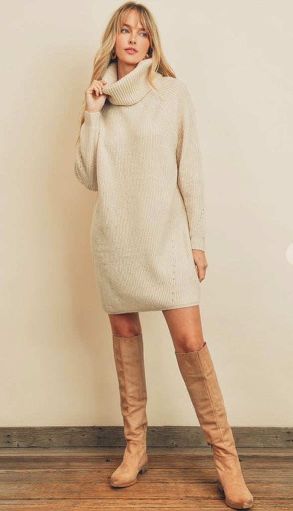 Warmest Feels Turtleneck Sweater Dress- Ecru