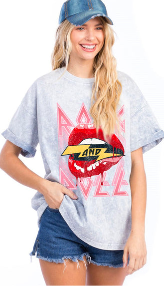 Rock And Roll Lips Graphic Tee- Grey Denim