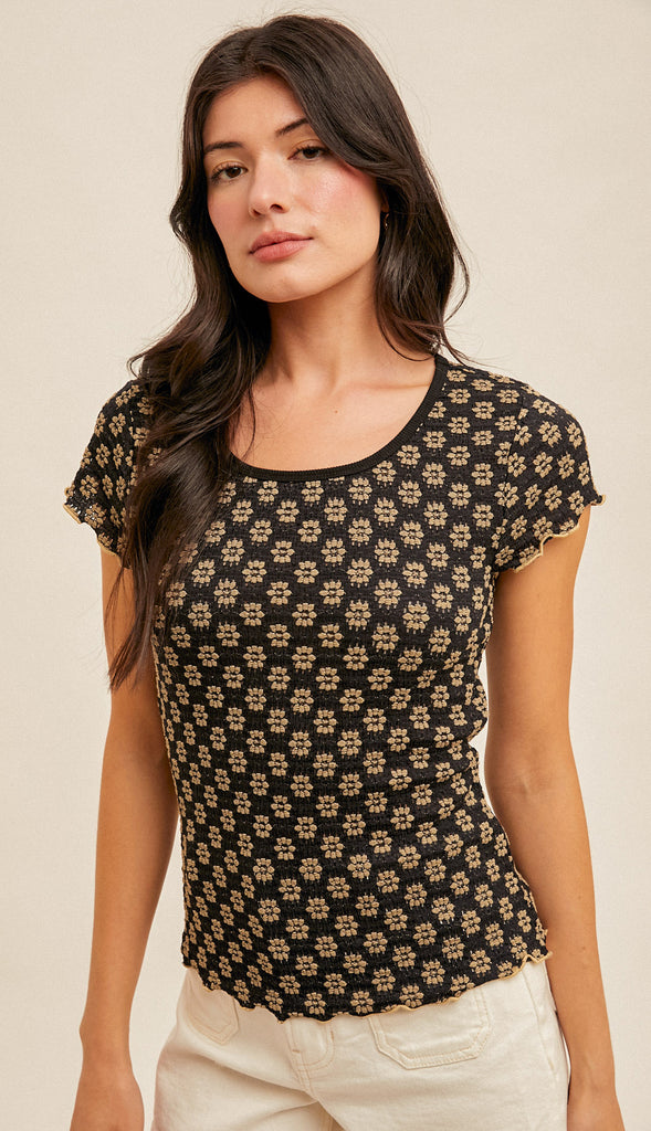 Salem Floral Lace Cabbage Hem Tee- Black