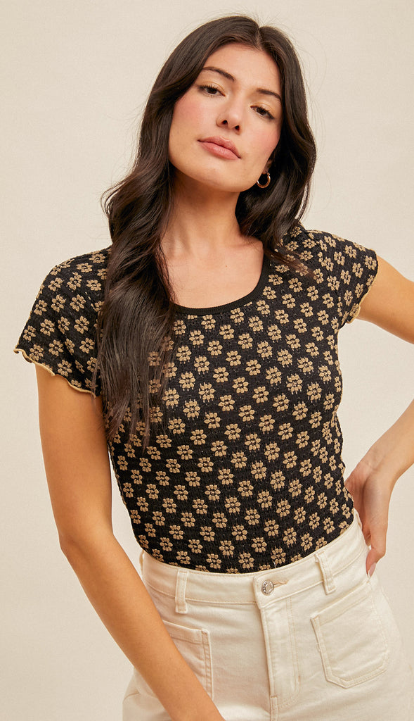 Salem Floral Lace Cabbage Hem Tee- Black