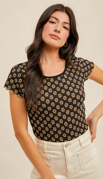 Salem Floral Lace Cabbage Hem Tee- Black