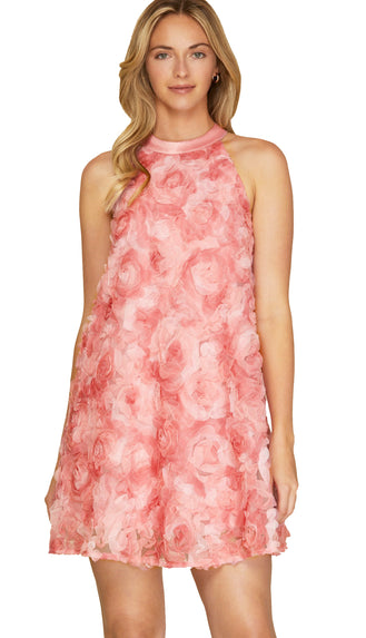 Girly Girl 3D Floral Halter Dress- Rose