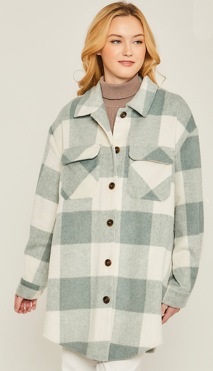Patch Things Up Plaid Shacket- Sage Green