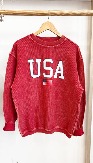 USA Corded Crewneck Sweatshirt- Vintage Red