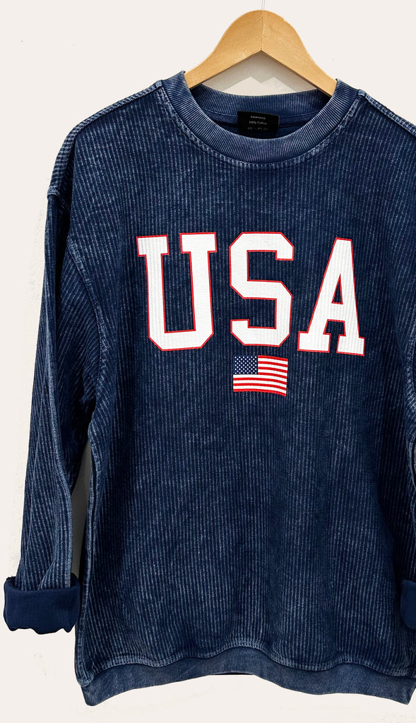 USA Corded Crewneck Sweatshirt- Navy