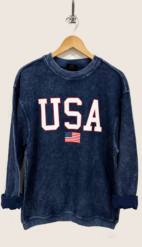 USA Corded Crewneck Sweatshirt- Navy