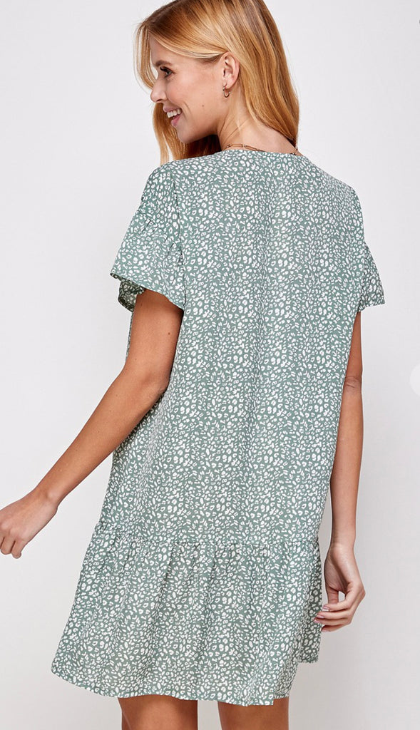 Leoni Animal Print Button Dress- Sage