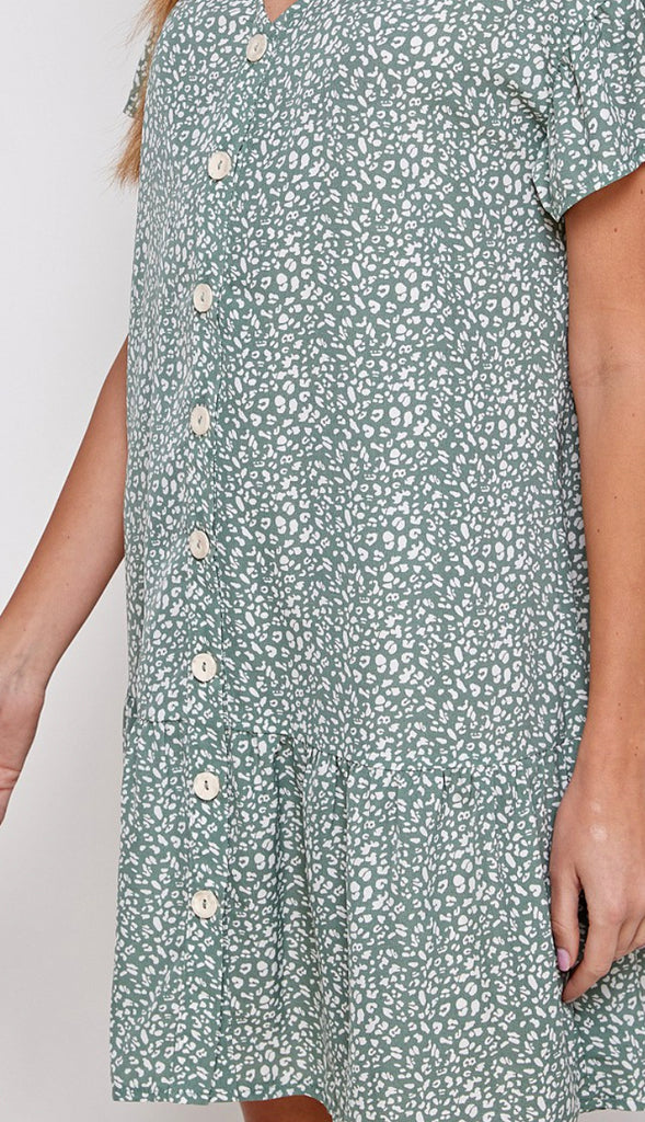 Leoni Animal Print Button Dress- Sage