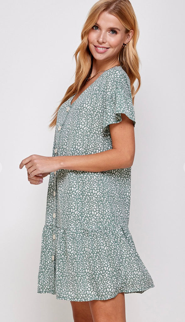 Leoni Animal Print Button Dress- Sage