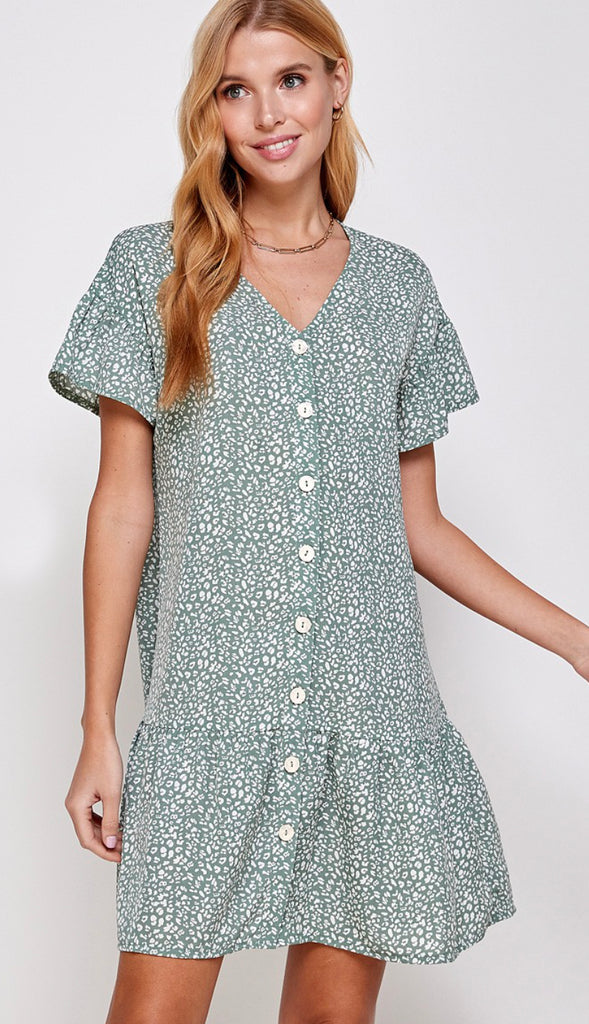 Leoni Animal Print Button Dress- Sage