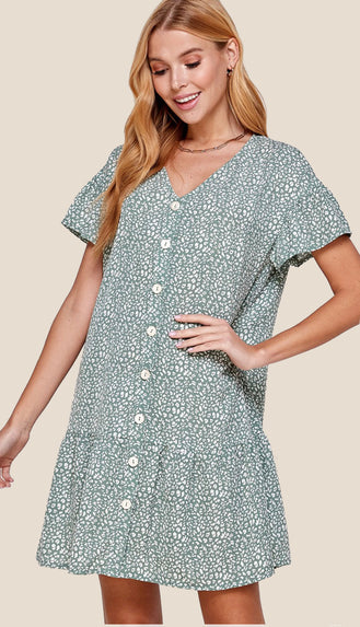 Leoni Animal Print Button Dress- Sage
