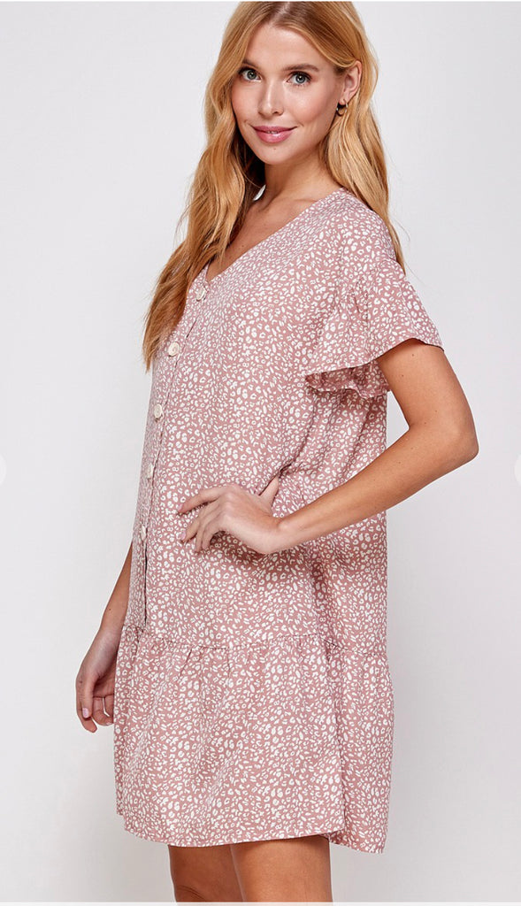 Leoni Animal Print Button Dress- Pink