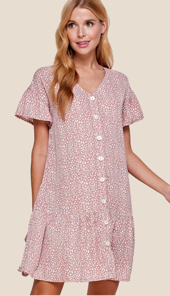 Leoni Animal Print Button Dress- Pink
