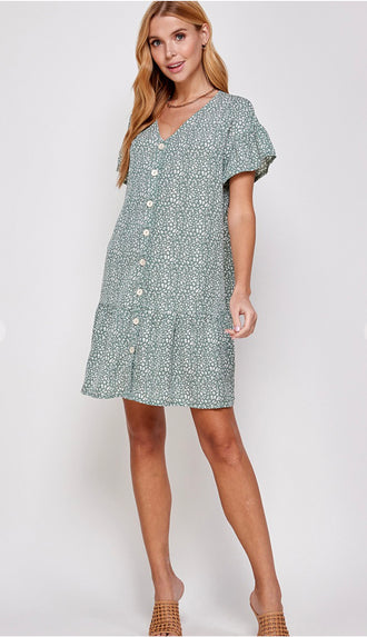 Leoni Animal Print Button Dress- Sage