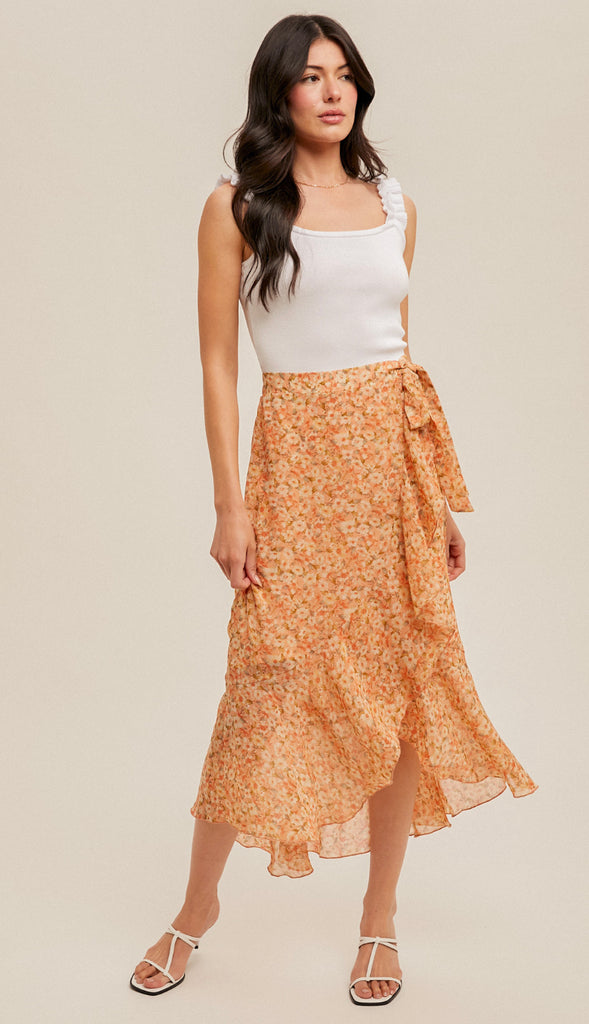 Saying Spring Asymmetrical Floral Midi Skirt- Coral