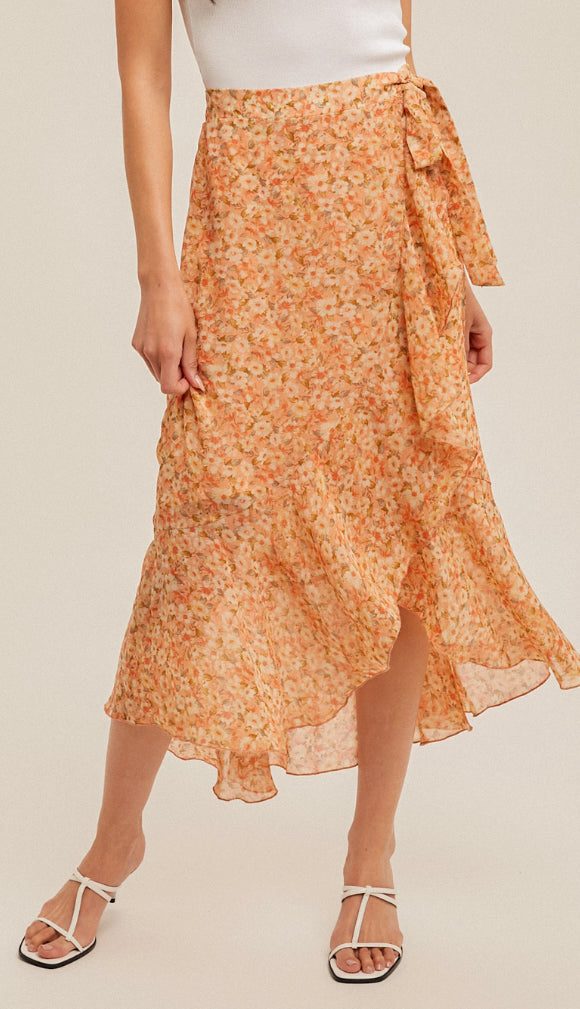 Saying Spring Asymmetrical Floral Midi Skirt- Coral