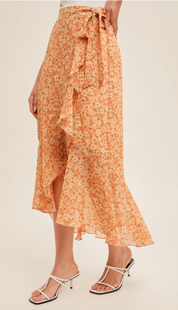 Saying Spring Asymmetrical Floral Midi Skirt- Coral