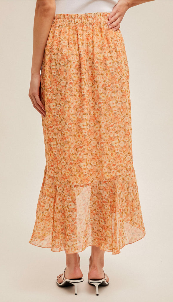 Saying Spring Asymmetrical Floral Midi Skirt- Coral