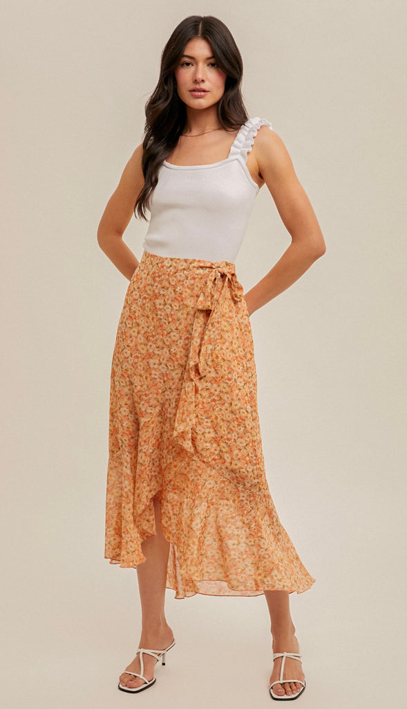 Saying Spring Asymmetrical Floral Midi Skirt- Coral