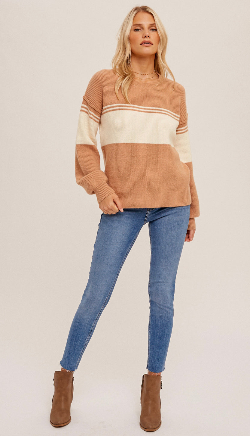 Beth Bubble Sleeve Colorblock Sweater- Dusty Apricot