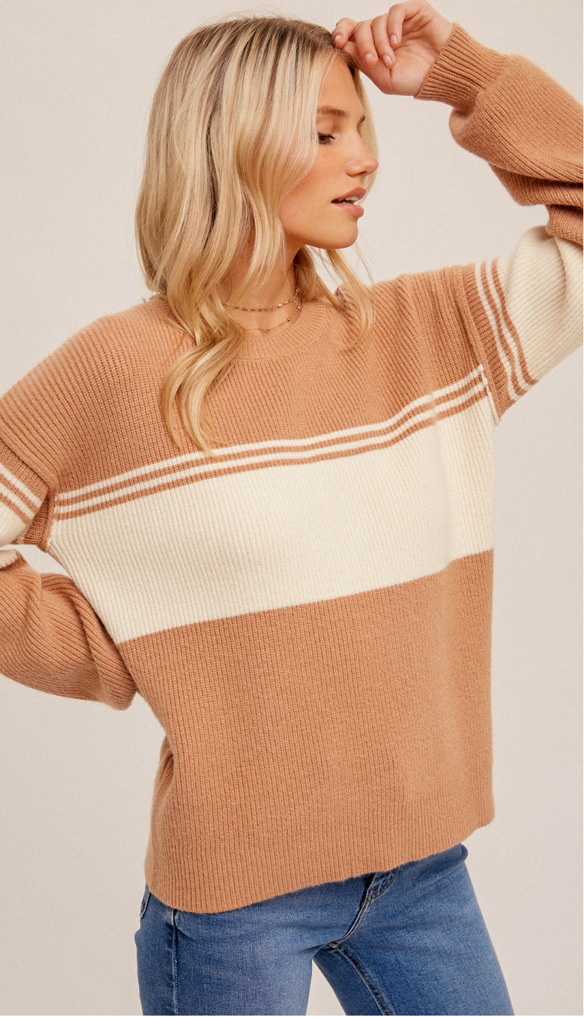 Beth Bubble Sleeve Colorblock Sweater- Dusty Apricot