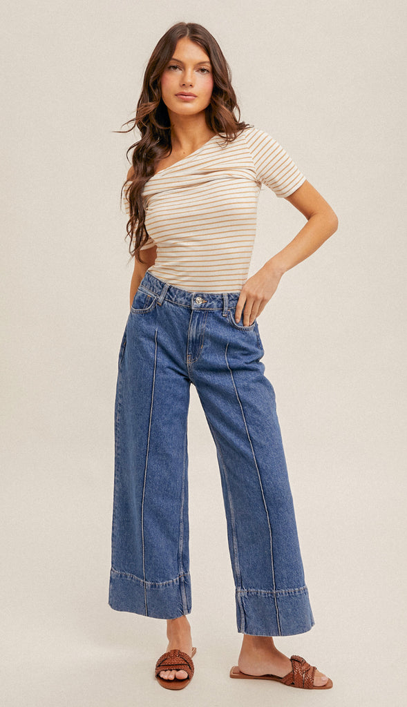 Charlie Asymmetrical Stripe Ribbed Top- Green