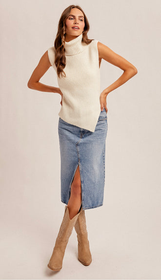 Hannah High Neck Asymmetrical Sweater Vest- Ivory