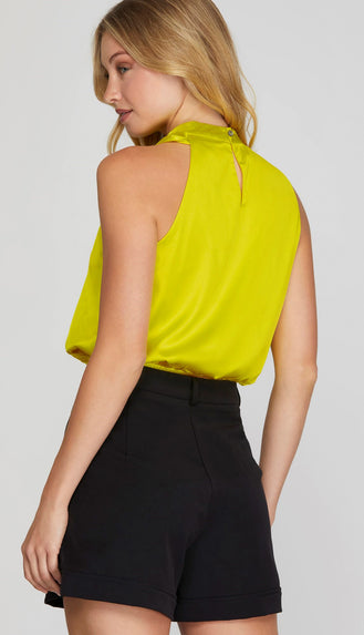 Bri Asymmetrical Mock Neck Top- Neon Yellow