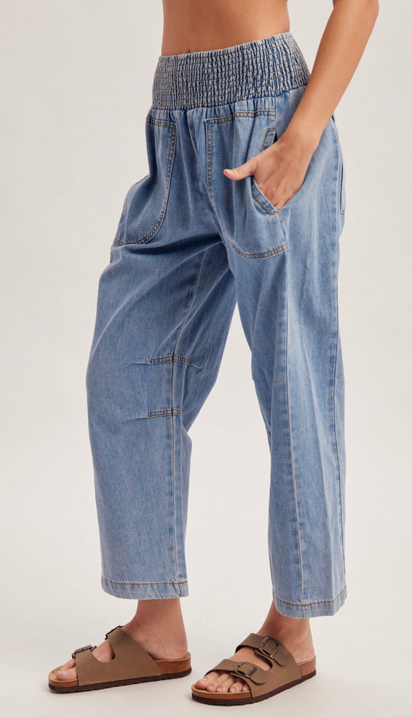 Smocked Waistband Denim Barrel Pants- Denim Blue