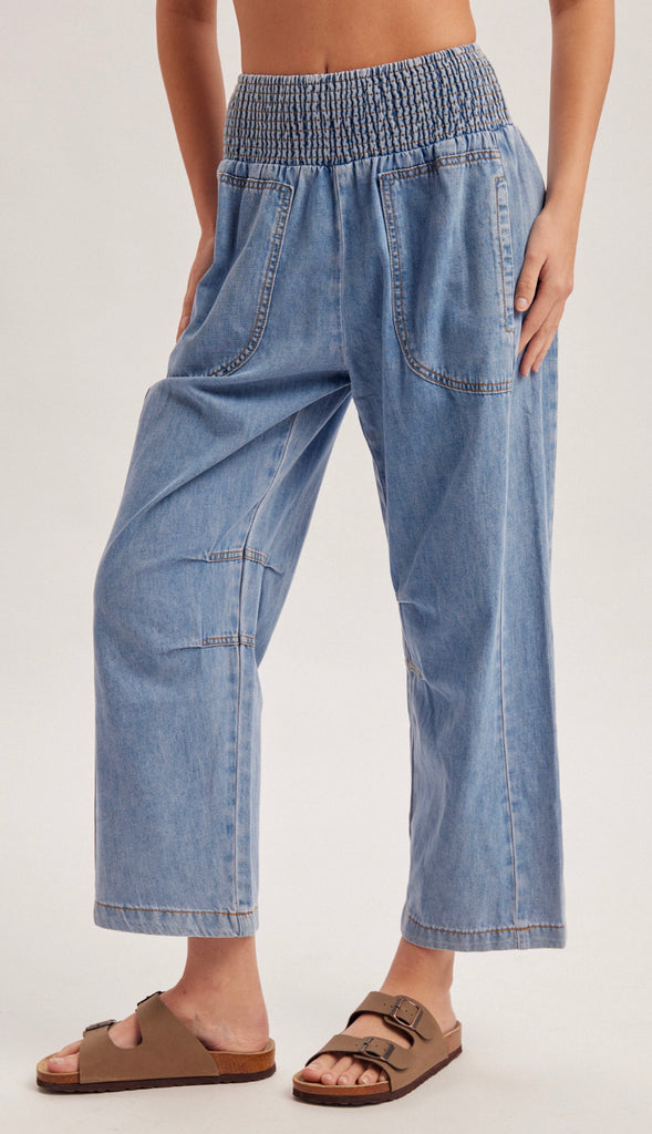 Smocked Waistband Denim Barrel Pants- Denim Blue