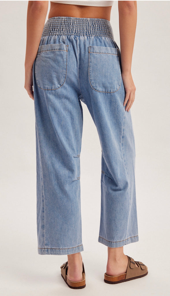 Smocked Waistband Denim Barrel Pants- Denim Blue