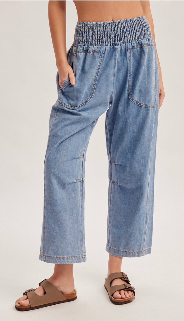 Smocked Waistband Denim Barrel Pants- Denim Blue