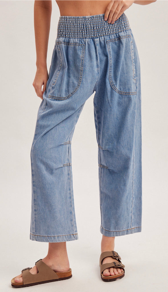Smocked Waistband Denim Barrel Pants- Denim Blue
