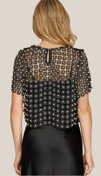 Lurex Crochet Lace Pearl Beaded Top- Black