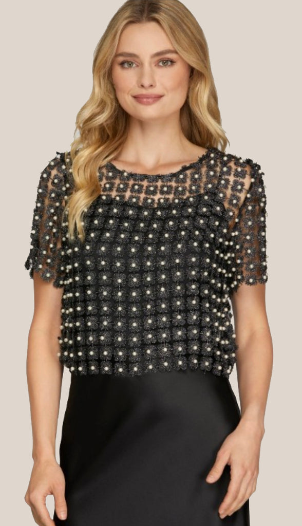 Lurex Crochet Lace Pearl Beaded Top- Black